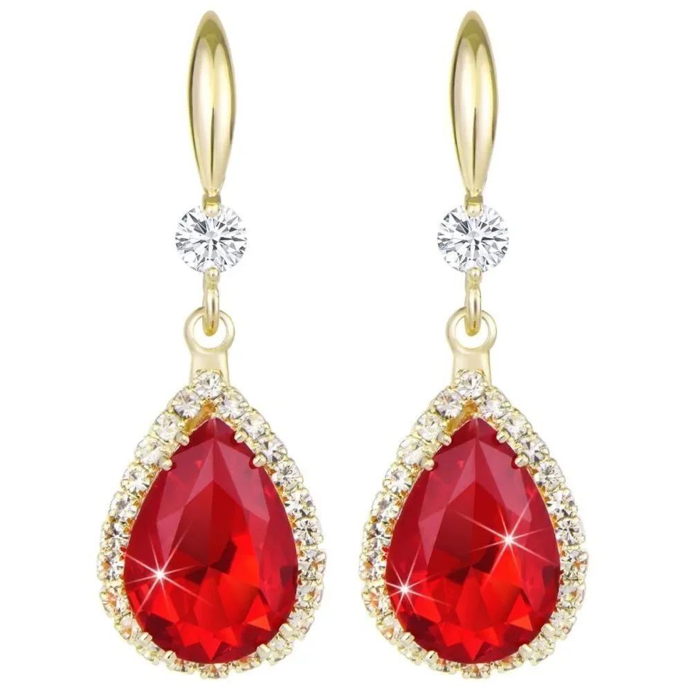 14K Yellow Gold with Ruby Red Cubic Zirconia Teardrop Hook Dangling Earrings